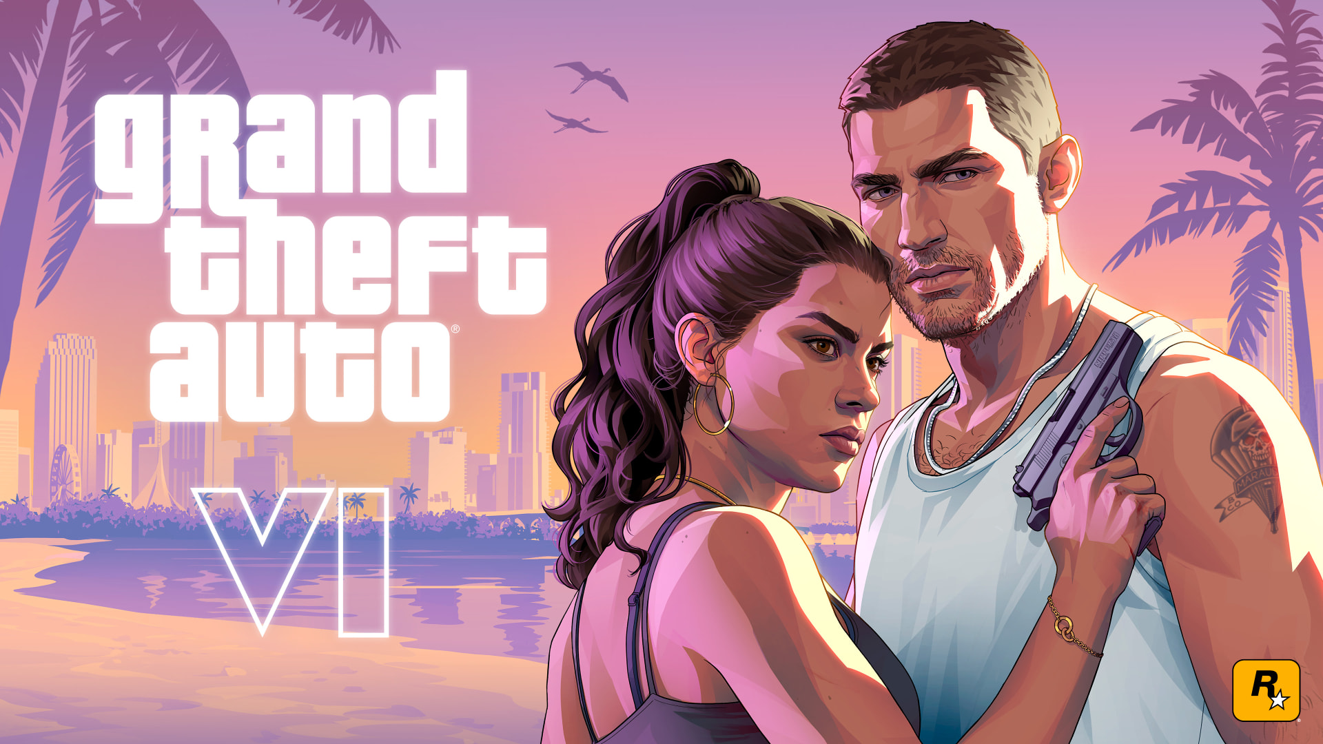 Jason and Lucia on a Vice City beach at sunset
